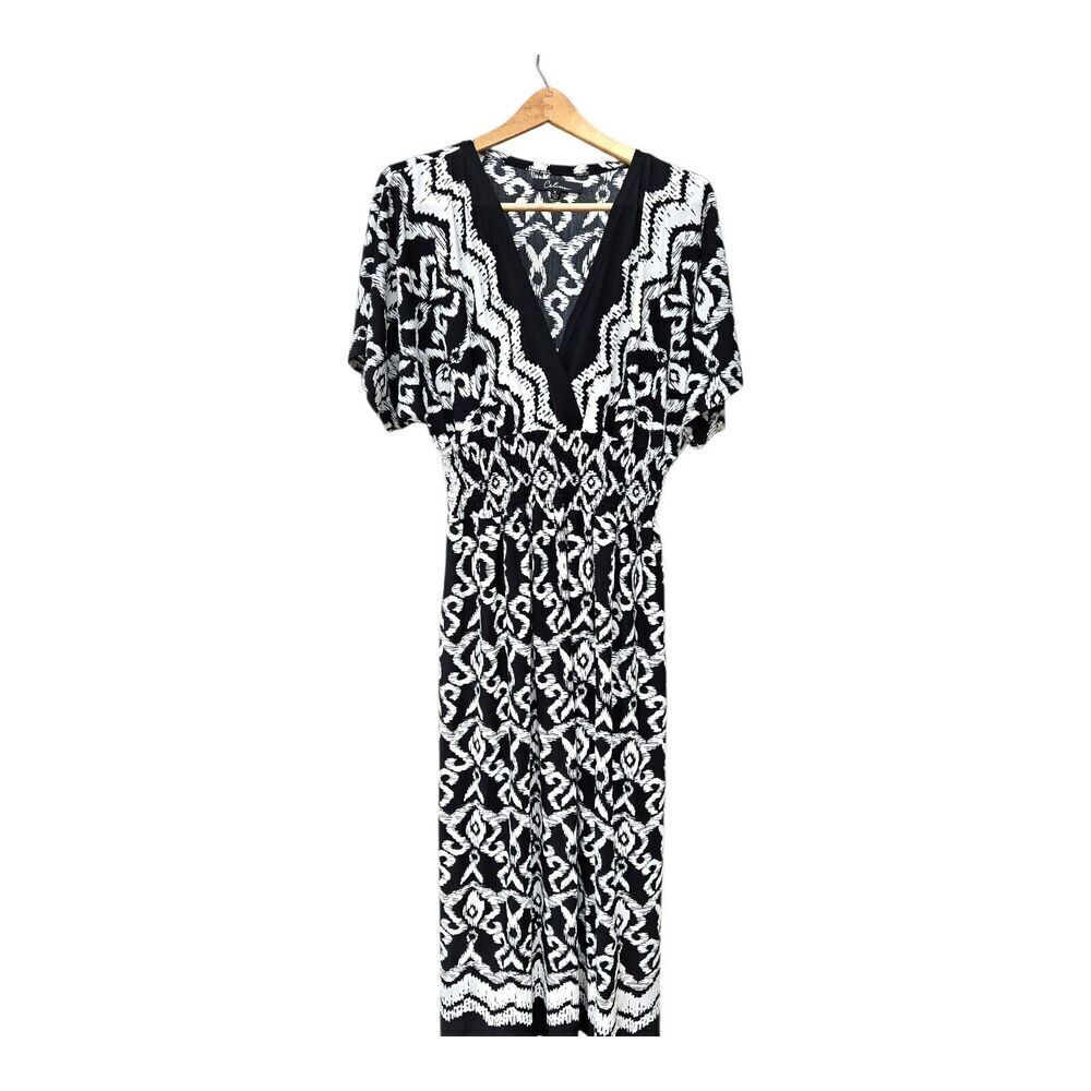 Calessa Womens Size XL Black White Demask Maxi Dress Elastic Waist Dolman Sleeve